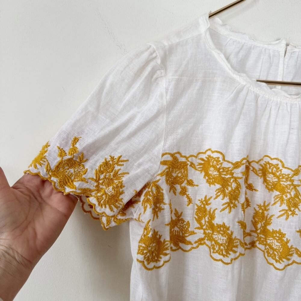 Loft Golden Floral Embroidered Linen Cotton Scalloped Boho Blouse L - Picture 5 of 8